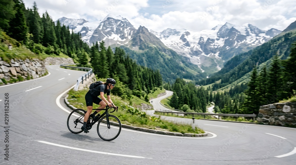 Fototapeta premium Female cyclist riding road bike on mountain pass hairpin turn with snowy peaks