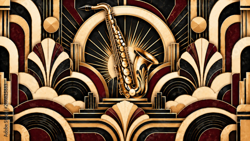 Stylized Art Deco saxophone in luxurious black, gold, cream and deep red geometric surroundings.