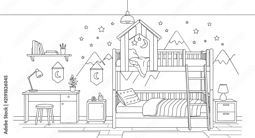Fototapeta premium Cozy children bedroom interior vector outline featuring bunk bed study desk shelf and starry night wall decor