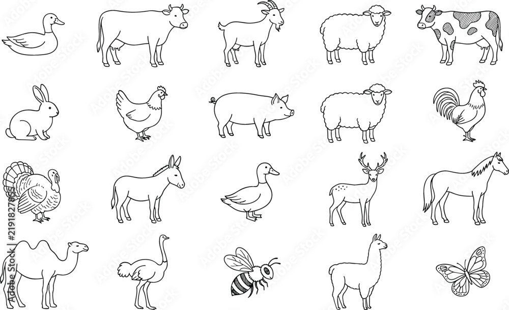 Fototapeta premium Farm animals and livestock vector outline icons set featuring cow horse sheep pig chicken and duck