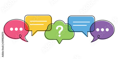 continuous one line drawing of colorful overlapping speech and thought bubbles featuring a central question mark.