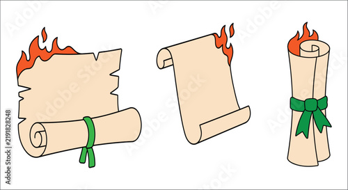 фотографія Burning scrolls and rolled parchment with green ribbons are depicted in a colorf