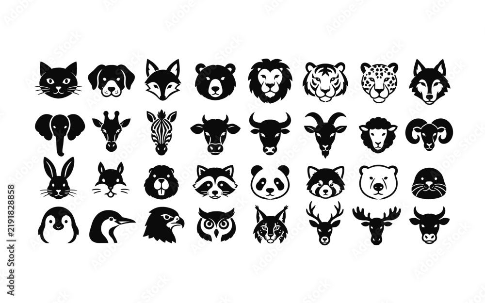 Obraz premium Black and white vector animal heads icon set featuring wildlife and farm creatures in minimalist line art style