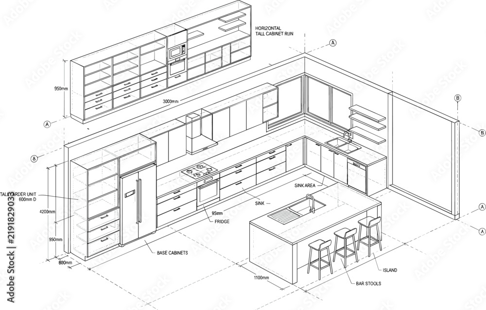 Fototapeta premium Modern kitchen blueprint architectural plan layout vector illustration featuring island with bar stools and custom cabinetry measurements