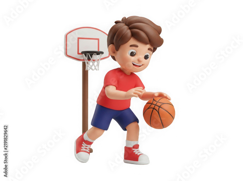 Happy boy dribbling basketball near hoop isolated on transparent background 3d character