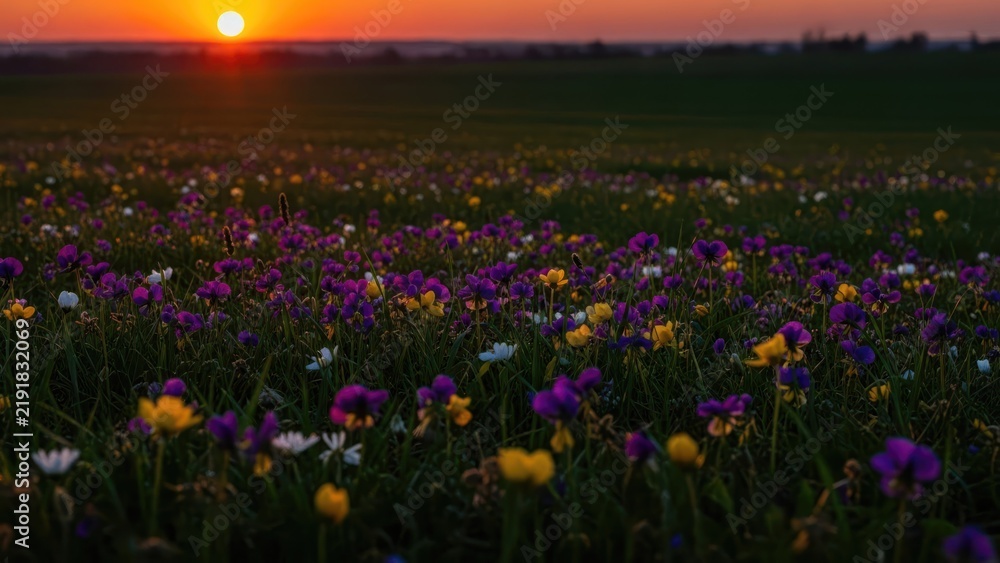Obraz premium Vibrant wildflower field at sunset with a warm orange sky.