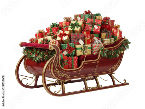 A vintage wooden Santa Claus sleigh overflowing with wrapped Christmas gifts isolated on transparent background. Ideal for festive holiday marketing and seasonal digital designs.