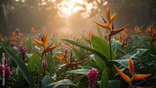 Vibrant Bird of Paradise flowers in a tropical garden at sunrise with dew drops.
