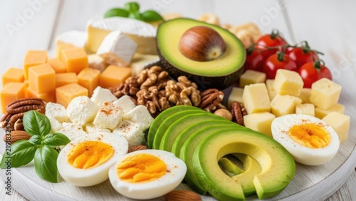 A vibrant arrangement of keto diet foods including cheese, avocado, and eggs.