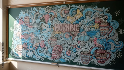 Chalkboard art depicting a cozy winter morning scene with steaming mugs