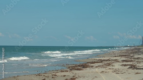 Blue ocean waves break along a wide sandy beach under a bright sky. Seaweed, shoreline, surf, and distant coast create a peaceful natural seascape.