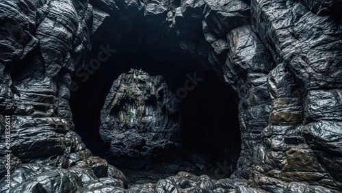 Dark sea cave with wet volcanic rock formation.