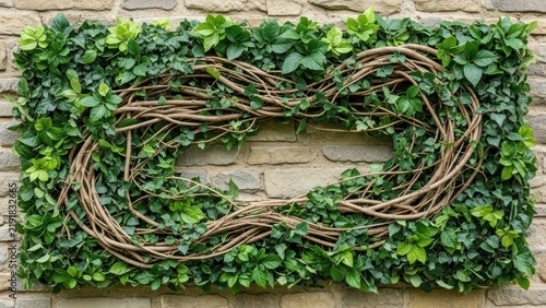 Heart shaped ivy wreath with intertwined branches on a stone wall
