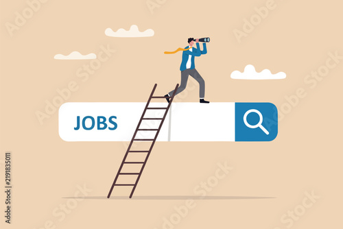 Photography Job seeker using binoculars to search for career opportunities on a digital sear