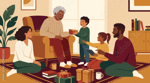 Multigenerational Family Celebrating Together with Gifts in a Cozy Living Room Flat Illustration