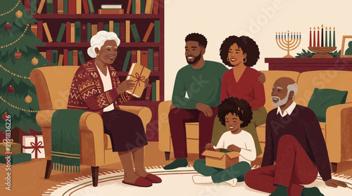 Multigenerational African Family Celebrating Hanukkah and Christmas Together in Living Room