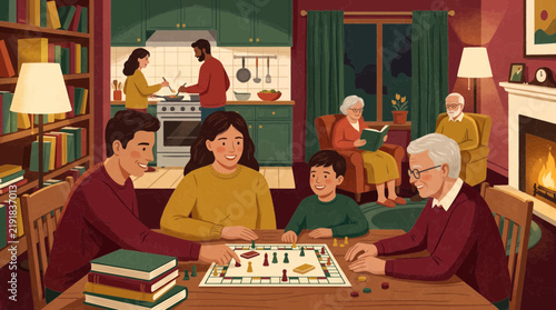 Multigenerational family playing board game in cozy living room with fireplace and kitchen background