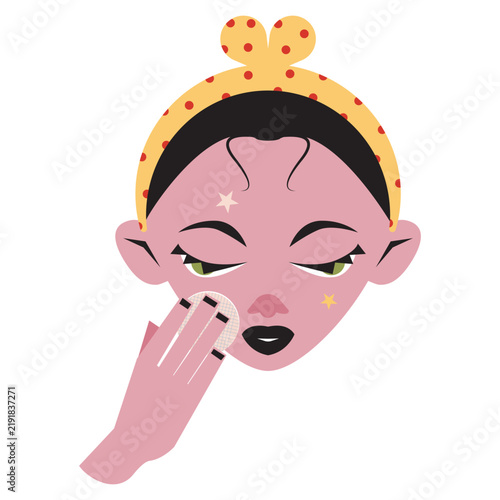 Woman cleansing her face with cotton pad, skincare routine. Vector illustration
