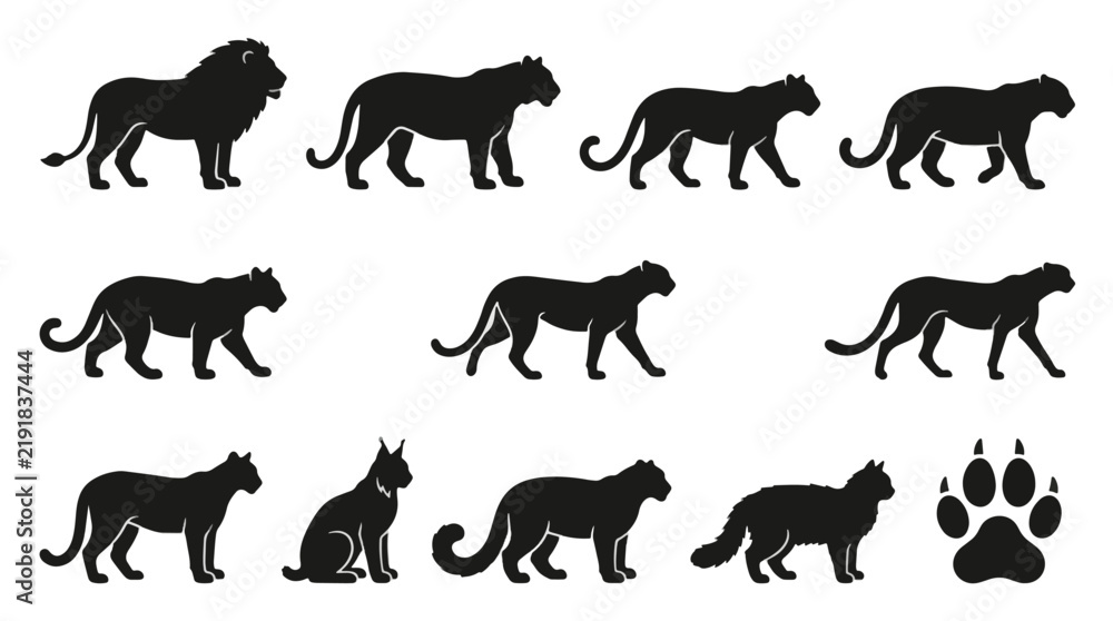 Obraz premium Silhouettes of various cat and lion figures illustrate the diversity of feline movement and anatomy in a stylized manner.