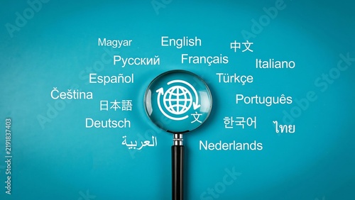 Magnifying Glass Focusing on Global Translation Services with Diverse World Languages Concept on Blue Background