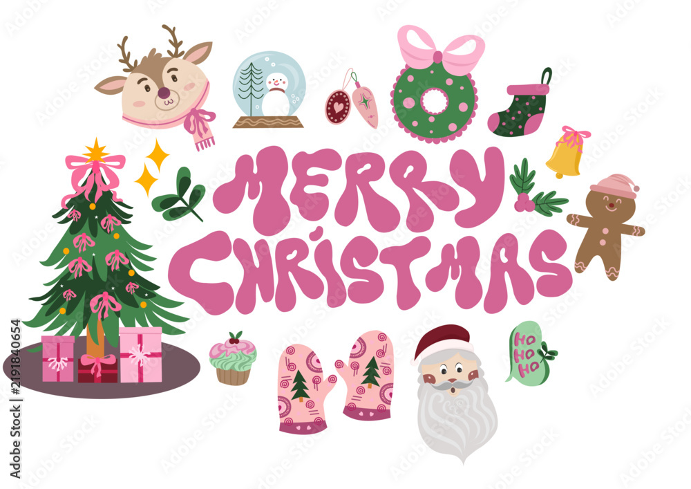 Naklejka premium set of christmas elements Pink Christmas Vector Bundle Lettering Quotes and Decorative Elements
