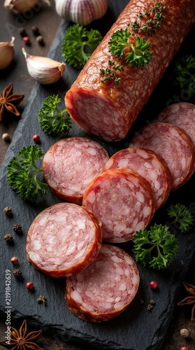 Sliced smoked sausage rests on dark slate board garnished with parsley, garlic, star anise. Whole salami, meat slices arranged with peppercorns, pink berries. Appetizing food preparation for deli.