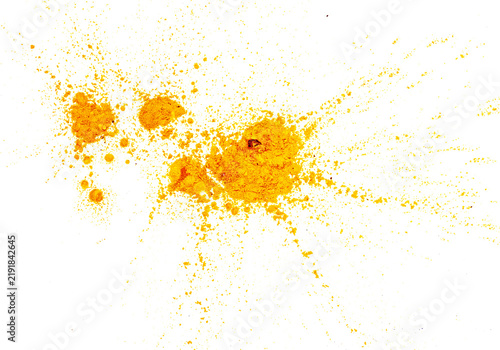 Foto Vivid yellow pigment powder heap on textured paper in white background, png, cut
