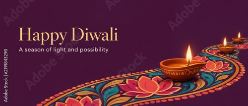 Happy Diwali Festival of Lights Celebration with Traditional Diya Lamps and Rangoli Pattern.