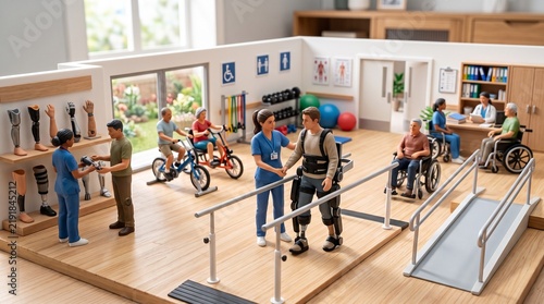 rehabilitation clinic interior featuring patients and therapists training with medical equipment.