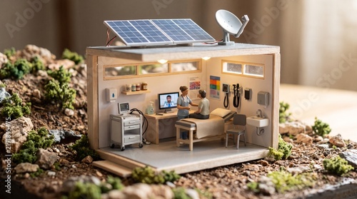 A miniature clinic in a rocky landscape with solar panels and a satellite dish.