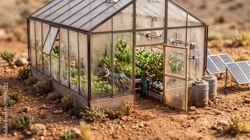 Miniature greenhouse in arid desert landscape with solar panels.