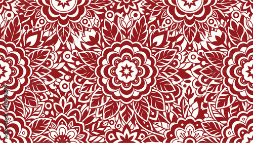 Intricate red and white mandala inspired floral pattern with ornate circular symmetry and repeating motifs. Flat vector illustration EPS 10.