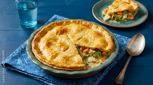 A delicious homemade chicken pot pie with a golden flaky crust served in a rustic blue ceramic dish