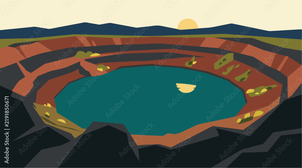 Fototapeta premium Stylized illustration of a deep open-pit mine with a blue lake at the bottom under a setting sun.
