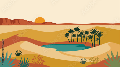 A minimalist flat illustration of a desert oasis with palm trees and a pond during a warm golden hour sunset with mountains in the background.