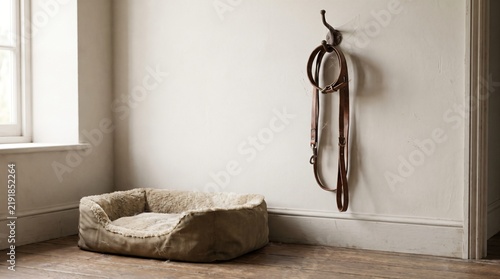 Dog Lead And Collar Hanging Above An Empty Bed As A Pet Loss And Grief Metaphor