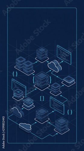 Obraz na płótnie Isometric Dark Cloud Server Architecture and SaaS Data Pipeline Background