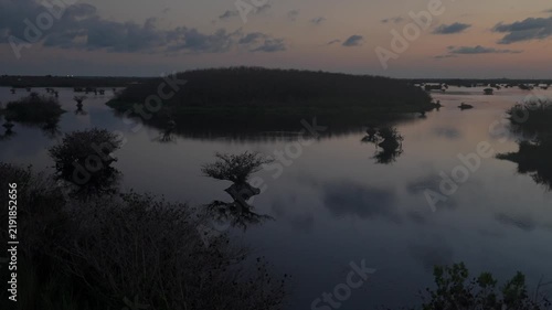 Mangrove trees form dark silhouettes in calm shallow water at sunset. Reflections, clouds, wetlands, and orange evening light create a quiet coastal nature landscape.