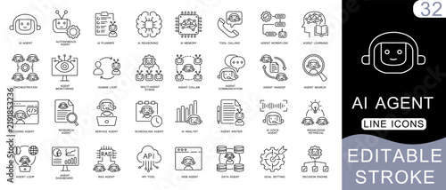 AI Agent Line Icon Set – Editable Stroke, Agentic AI, Autonomous Automation, LLM & Intelligent Workflow