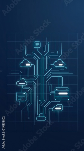 Obraz na płótnie Dark Navy Circuit Tree and SaaS Cloud Server Grid Vertical Background