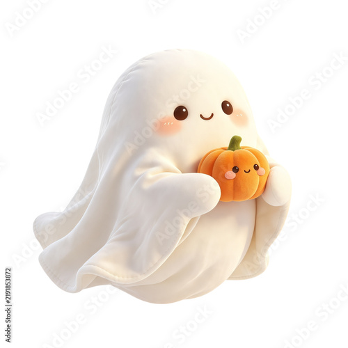 Cute plush halloween ghost holding a small pumpkin soft fabric toy character spooky festive autumn seasonal concept