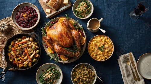 Festive thanksgiving dinner spread with roasted turkey and traditional side dishes