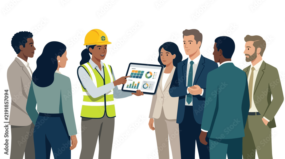 Obraz premium Female Engineer Presenting Construction Data on Tablet to Diverse Business Team Vector Illustration
