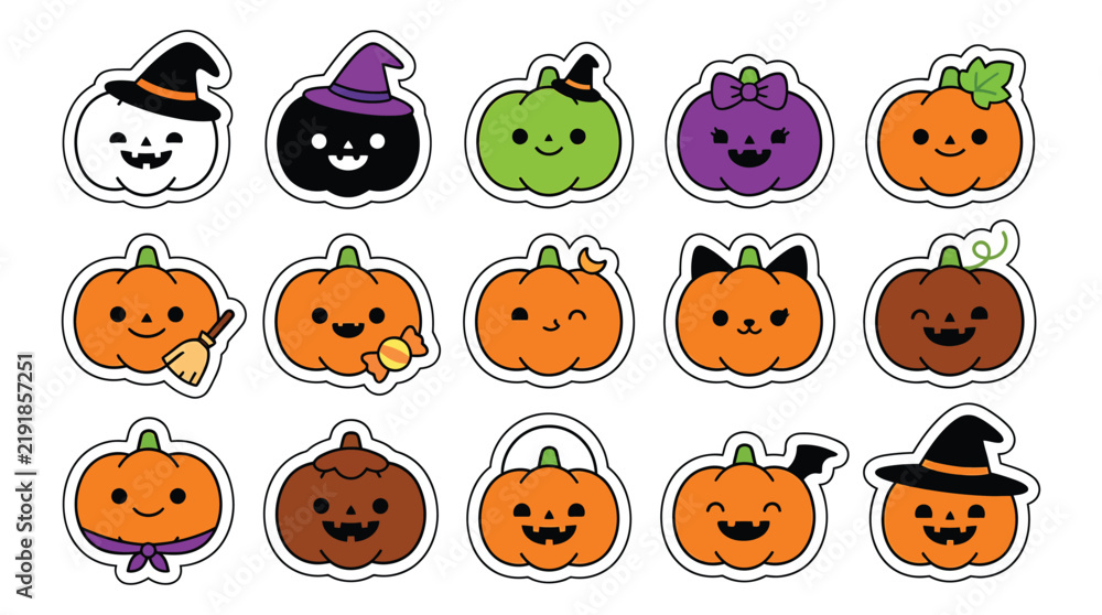 Fototapeta premium Set of cute kawaii halloween pumpkin stickers with various expressions and accessories for seasonal holiday decoration and scrapbooking