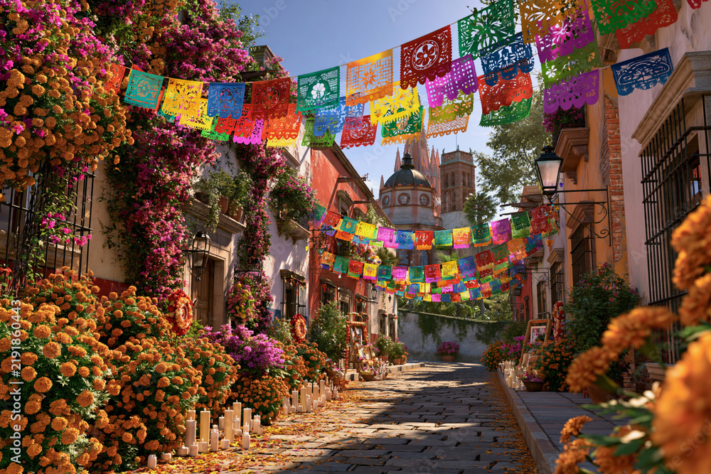 Fototapeta premium Vibrant papel picado banners hang above cobblestone path. Flowering marigolds line both sides of the alleyway. Sunlit streets lead toward a distant church spire
