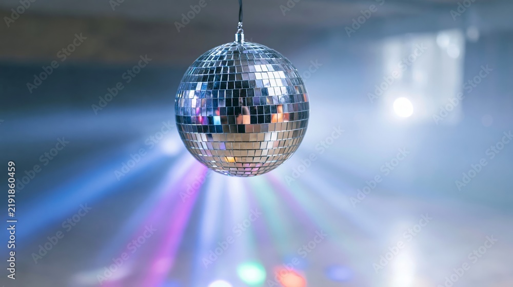 Fototapeta premium Disco ball spinning, reflecting colorful light rays through a hazy atmosphere. Creating a party and entertainment mood