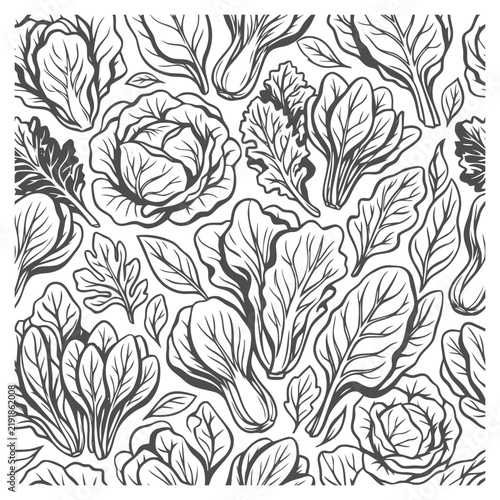 Hand drawn seamless pattern of leafy green vegetables, spinach, cabbage, bok choy, and lettuce in engraved vector style