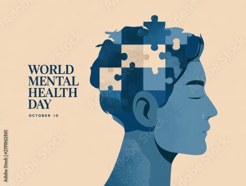 World Mental Health Day illustration featuring puzzle brain silhouette design