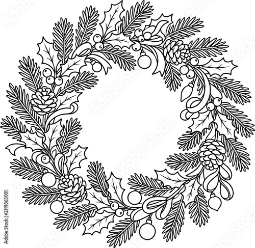 Festive evergreen wreath outline with holly berries pinecones and ornaments