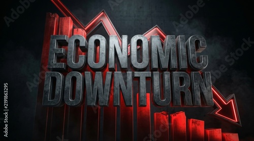 Economic downturn text with falling red graph chart in dark 3D render